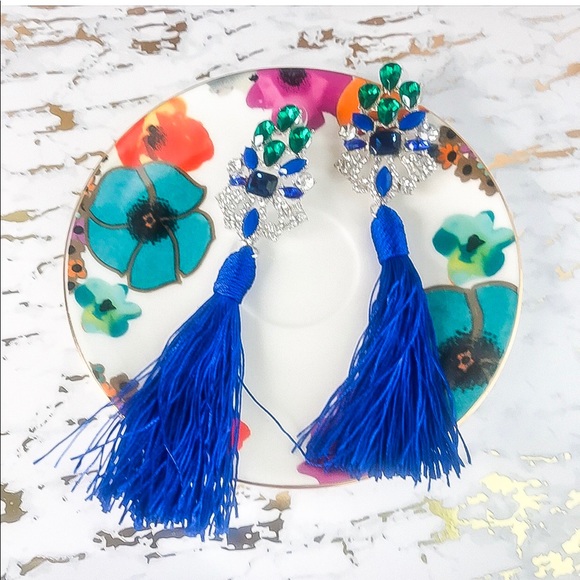 Blue Tassel Fringe Statement Earrings - Picture 2 of 2